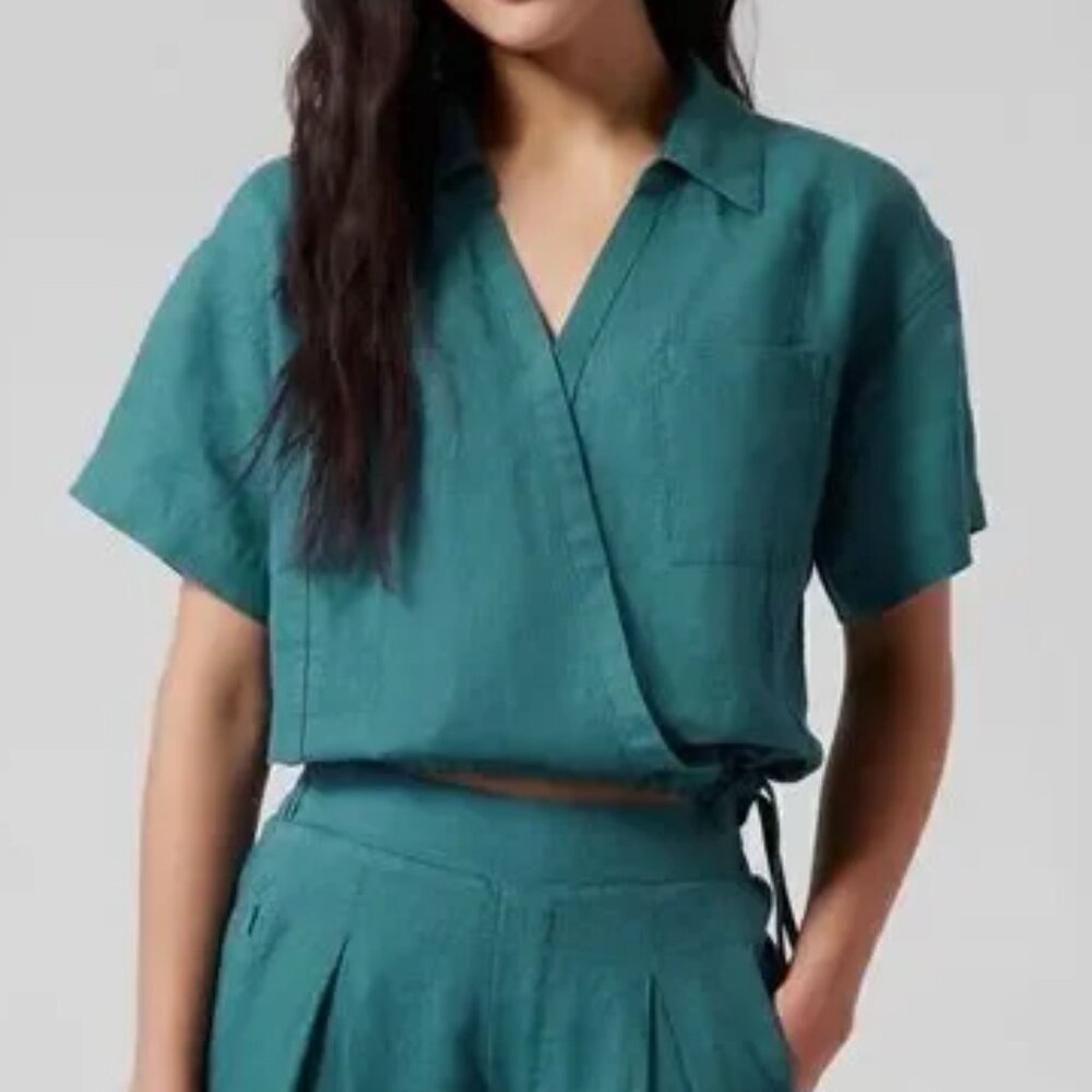 Athleta Playa Linen Tie Wrap Top Medium Green Lightweight Summer Blouse